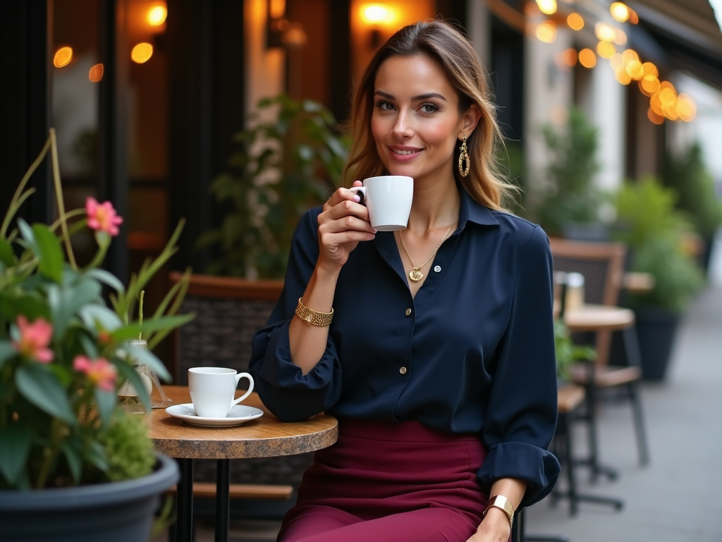 Kobieta pije kawę w kawiarni na zewnątrz, uśmiechnięta, w eleganckim ubiorze.