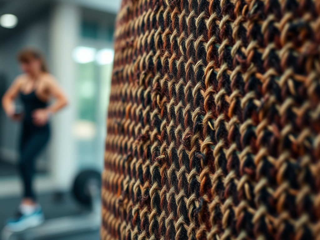 Zbliżenie na teksturę materiału w tle z kobietą ćwiczącą w centrum fitness.