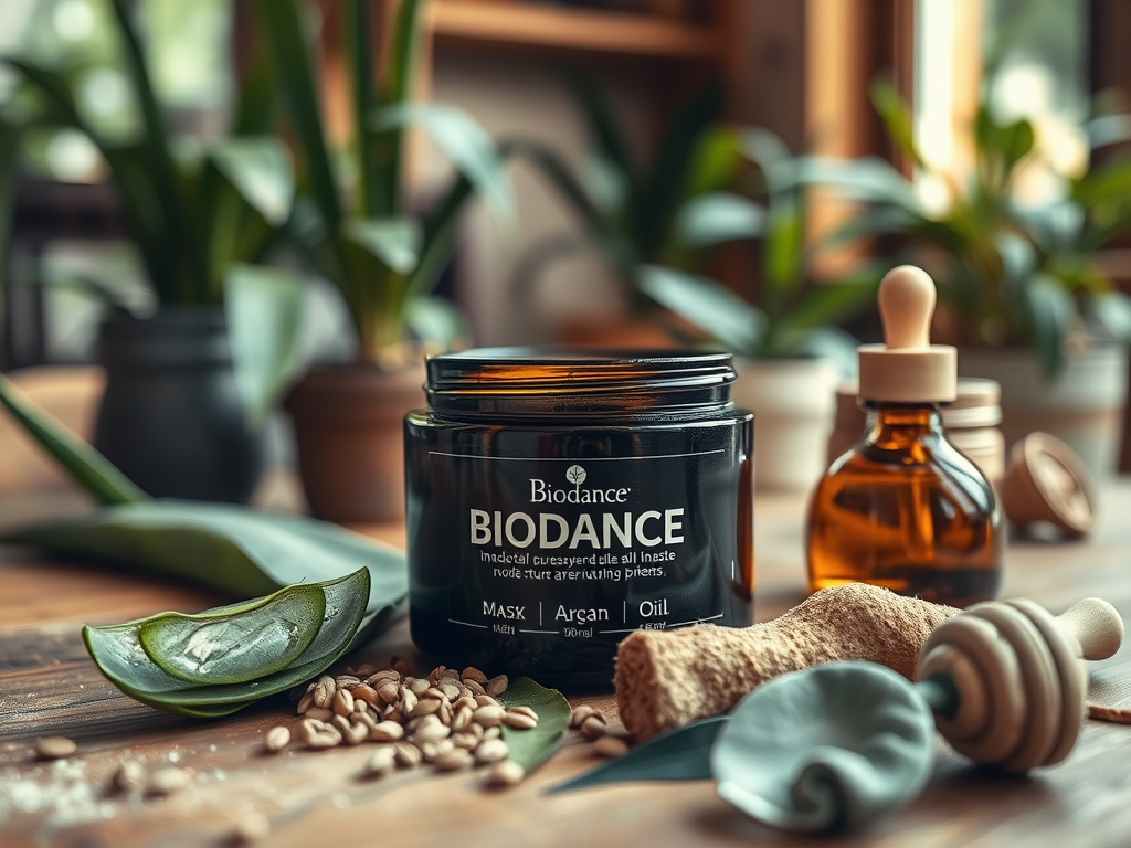 Słoik z maską Biodance otoczony naturalnymi składnikami i roślinami w tle, tworzy relaksującą atmosferę spa.