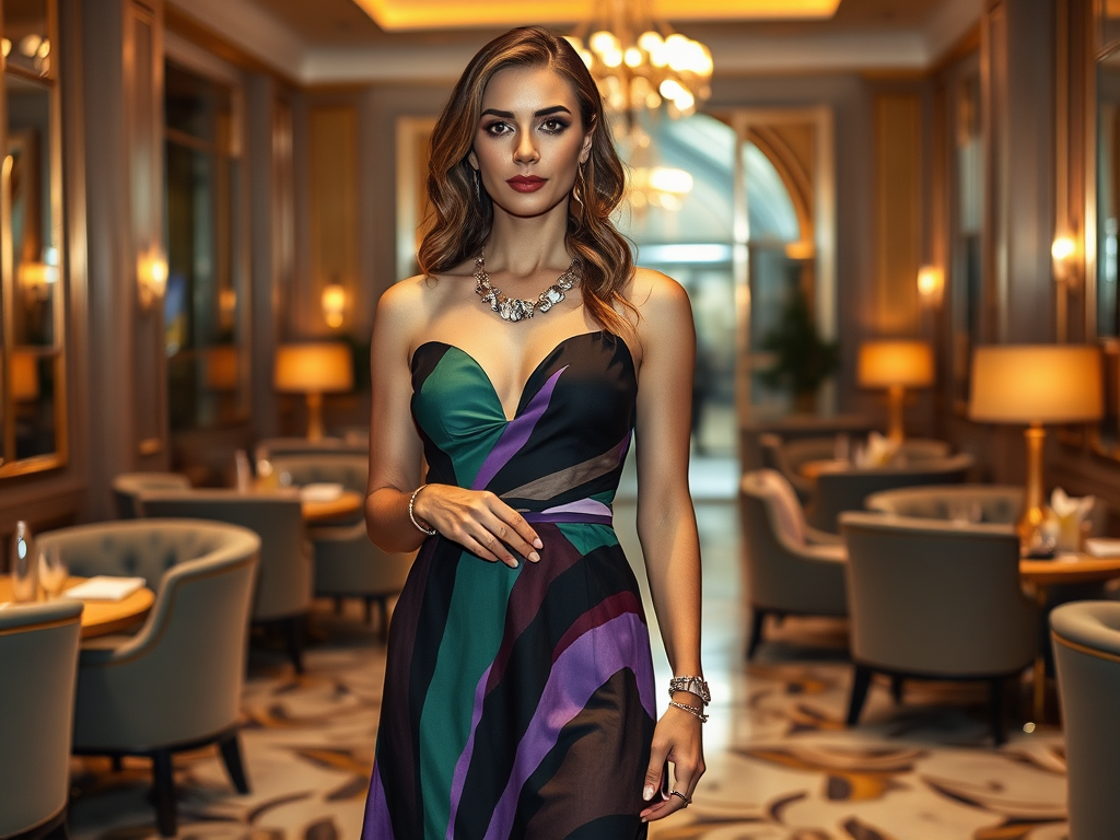 Kobieta w eleganckiej sukience stoi w luksusowej restauracji, otoczonej stylowym wystrojem.