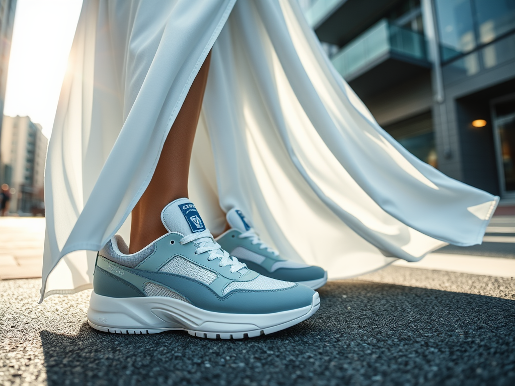 Stylowe sneakersy w jasnym kolorze, noszone z długą, białą sukienką na tle miejskiego krajobrazu.